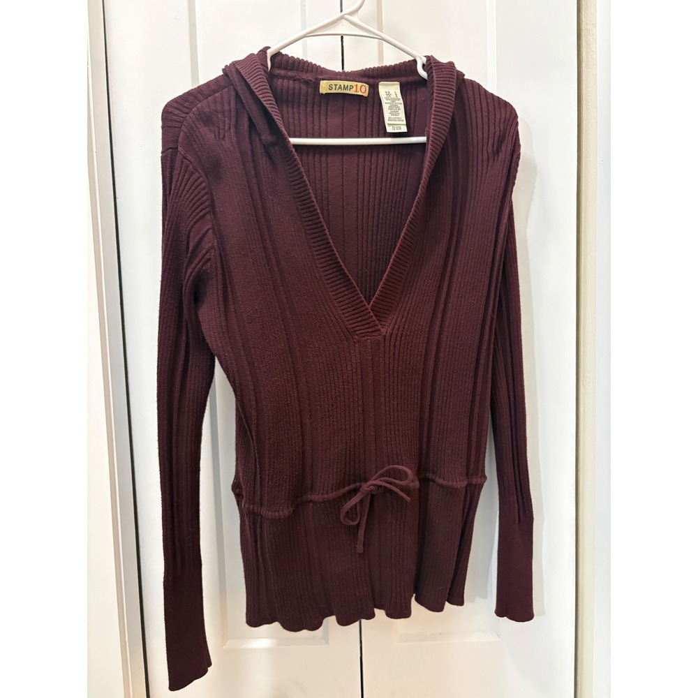 Stamp 10 Womens Burgundy Ribbed Knit Hooded V-Neck Sweater Drawstring Waist L